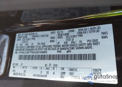 2013 Ford Escape S z USA, uszkodzony, nr VIN 1FMCU0F70DUD10455